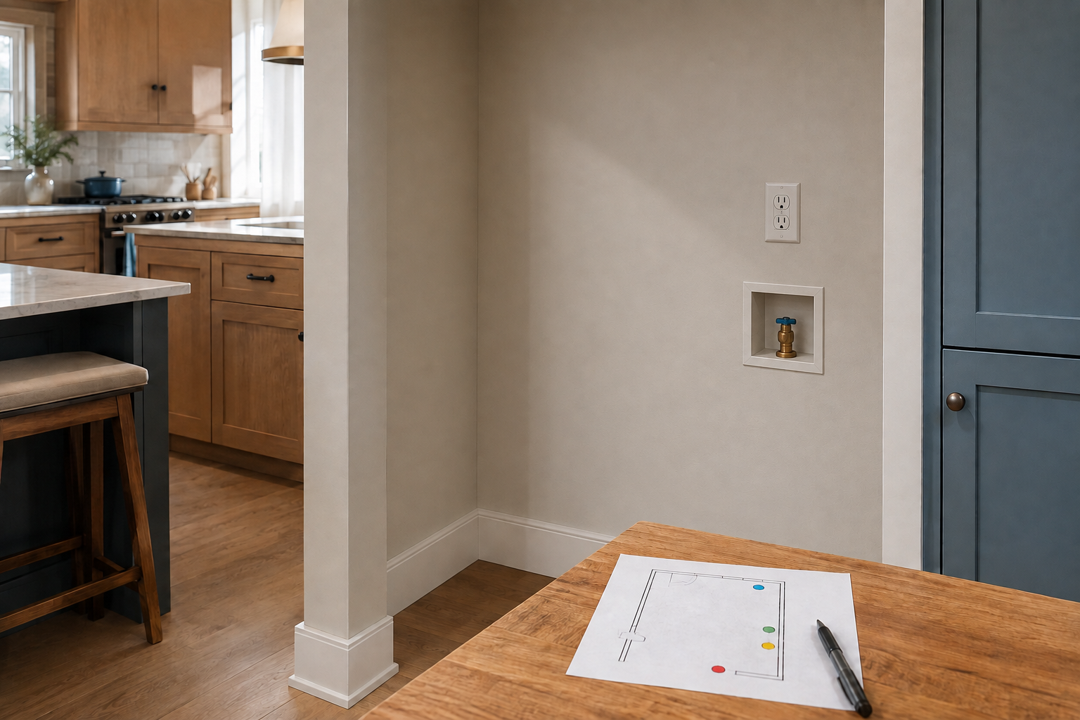 Empty refrigerator alcove with a grounded receptacle, recessed water-supply shutoff, and a simple service-location sketch.