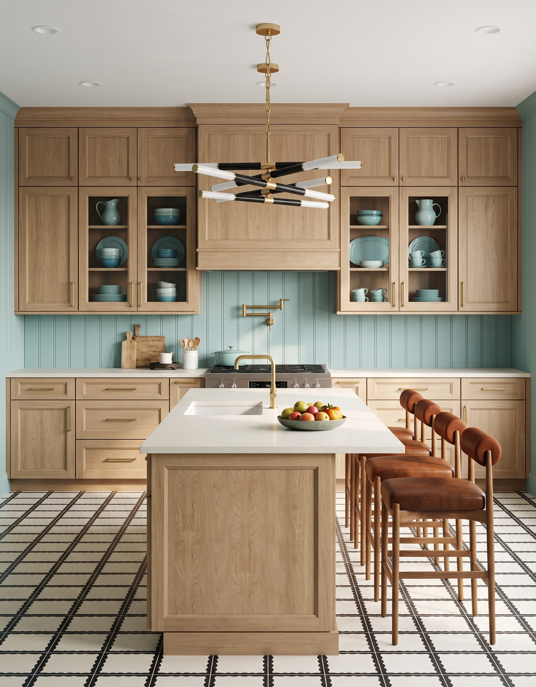 Natural-wood kitchen cabinets and island with pale-aqua beadboard, brown leather stools, a black-and-white checked floor and sculptural linear fixtures.