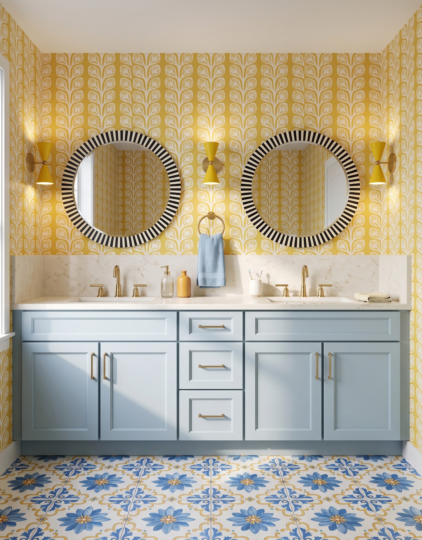 AI-created concept: Pale-blue cabinets and saffron leaf wallpaper pick up the colors in a blue-and-yellow floral tile floor.