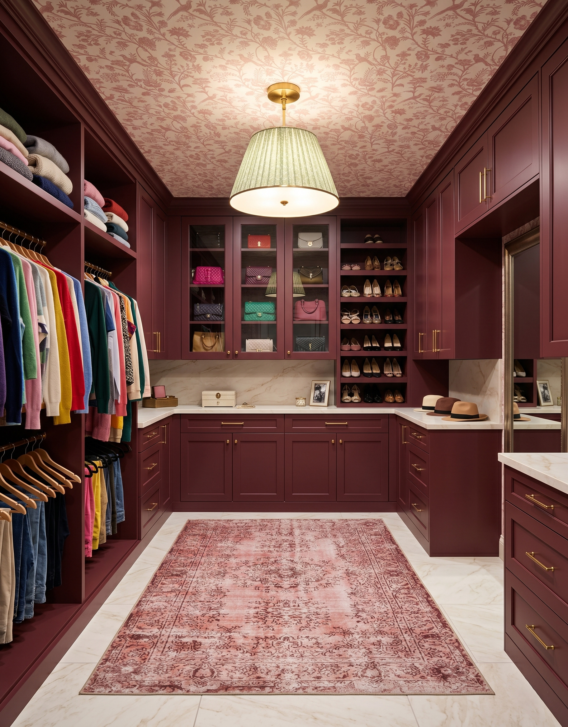 Pale rose patterned rug on light tile beneath deep wine closet cabinets, with a glass-front bag display and cream countertop.
