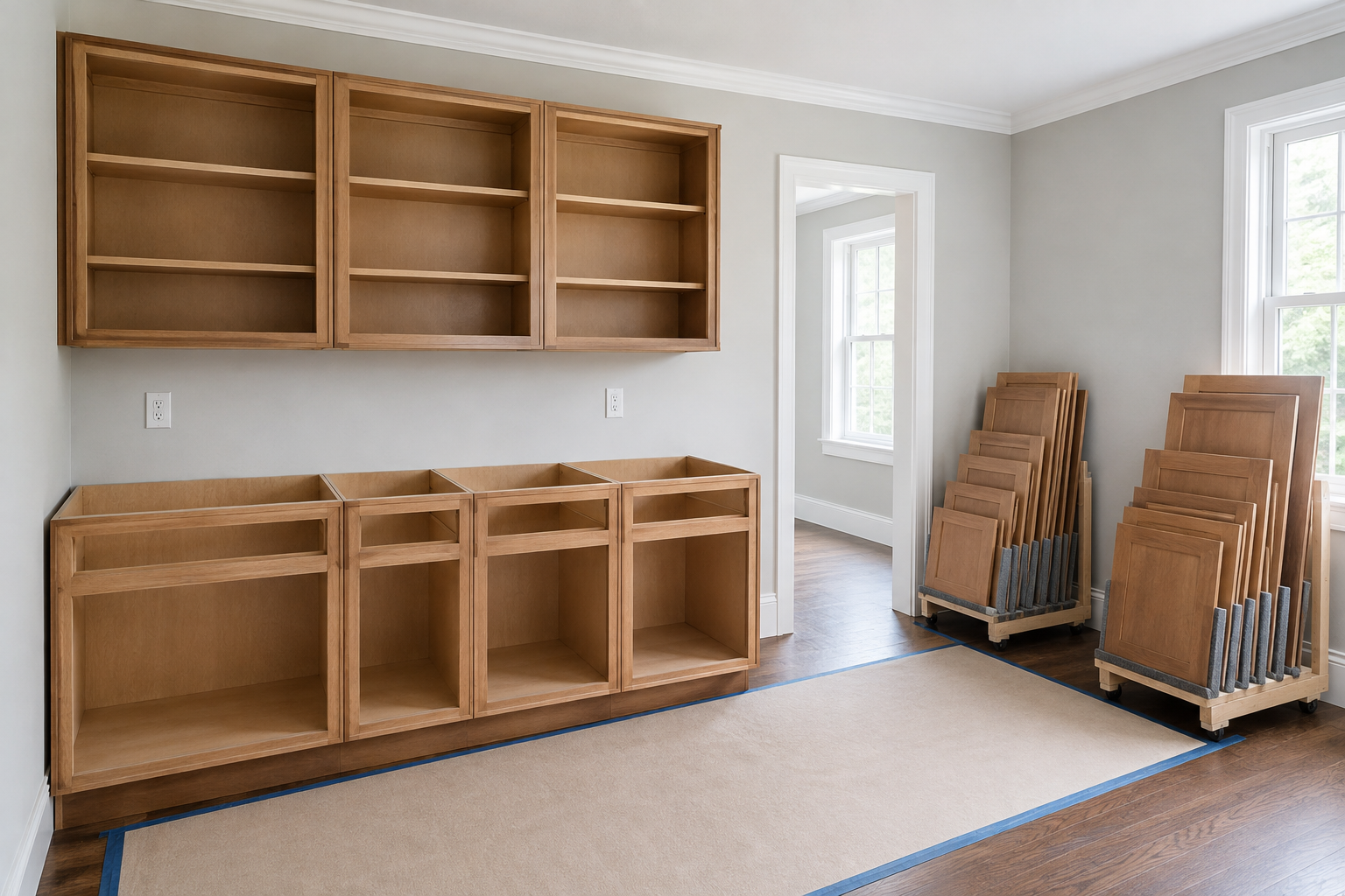 Protected kitchen with attached cabinet boxes intact and removed solid doors and replacement fronts organized on separate racks.