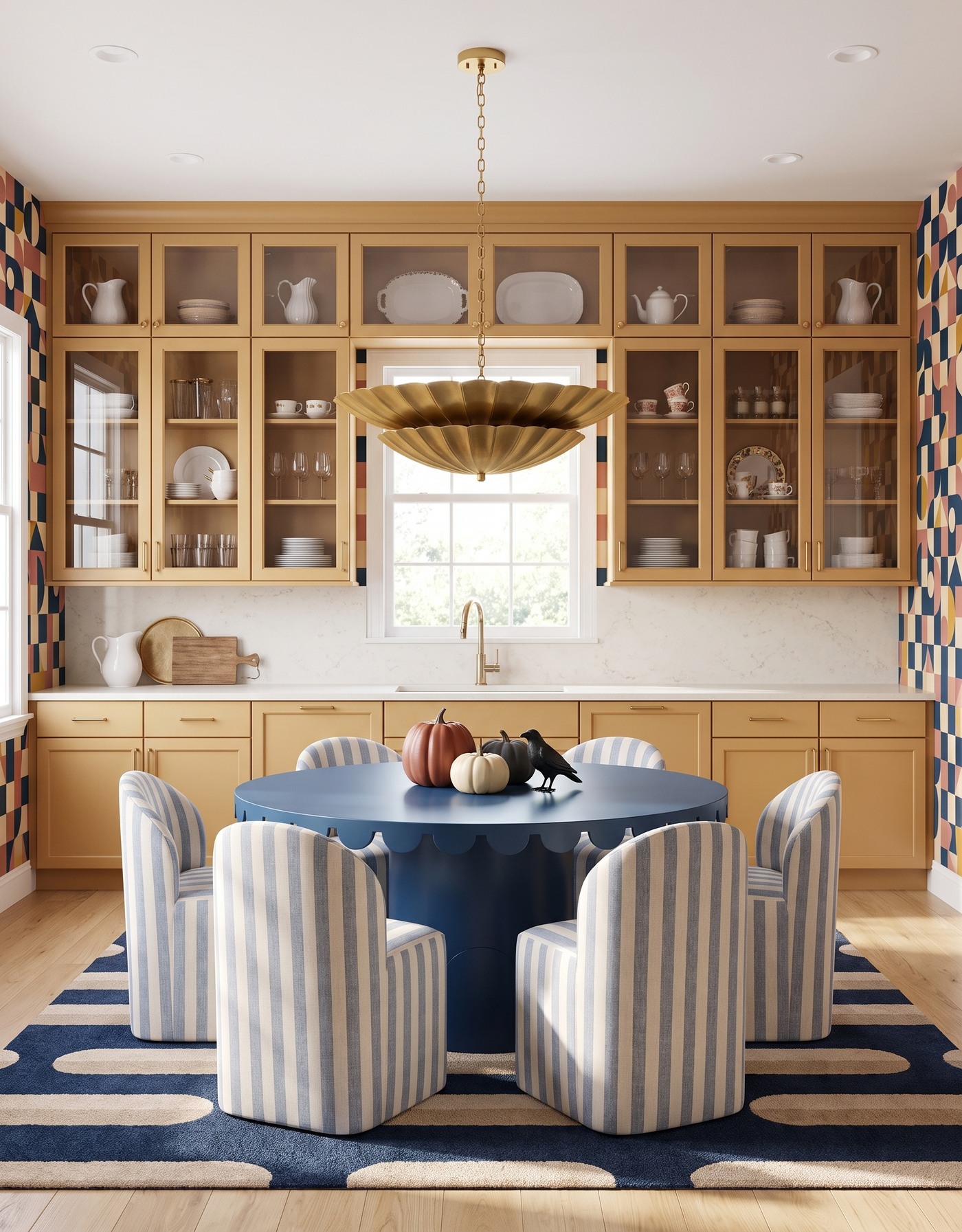 AI-created concept: Golden cabinets with geometric wallpaper, a blue table, striped chairs and three small pumpkins beside a black bird.