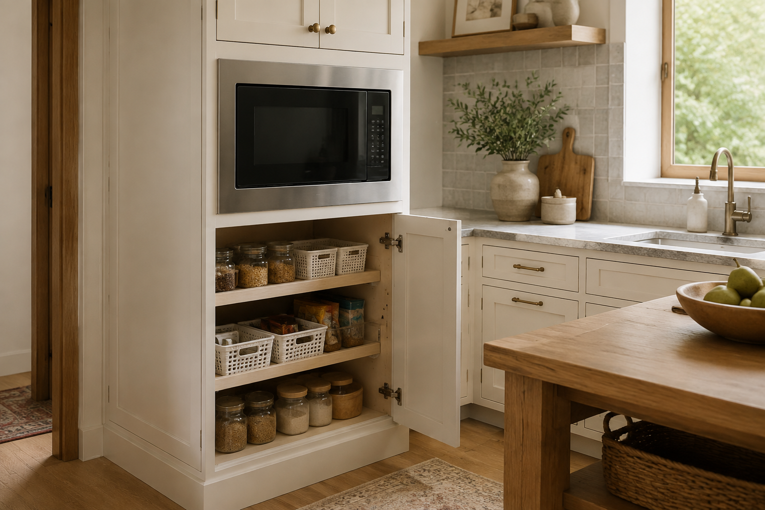 Built-in microwave at a practical height with accessible pantry storage arranged below it.