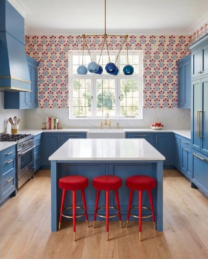 A large blue kitchen with several openings and fixed room conditions to document.