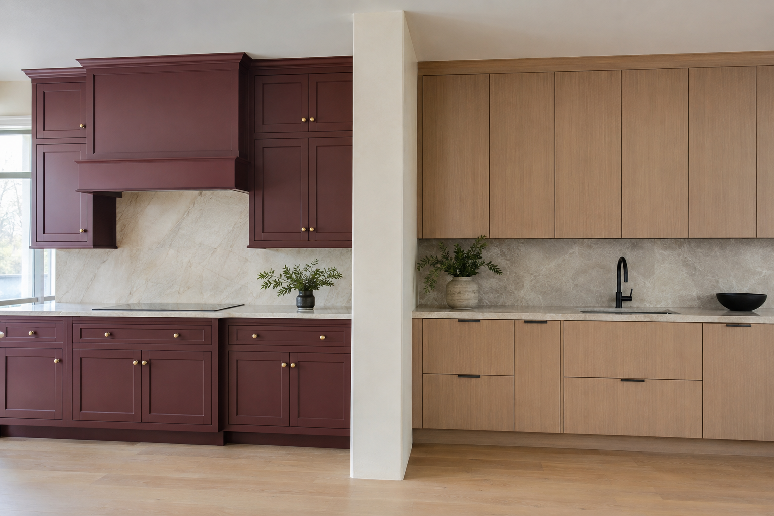 A showroom compares complete burgundy inset cabinetry with framed reveals and complete pale-walnut full-overlay cabinetry with quiet slab fronts.