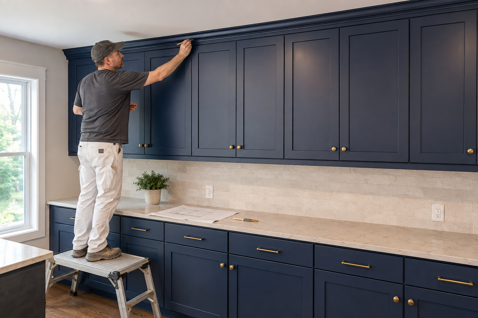 One cabinet finisher inspects a small seam along continuous navy cabinet crown above a fully installed kitchen wall.