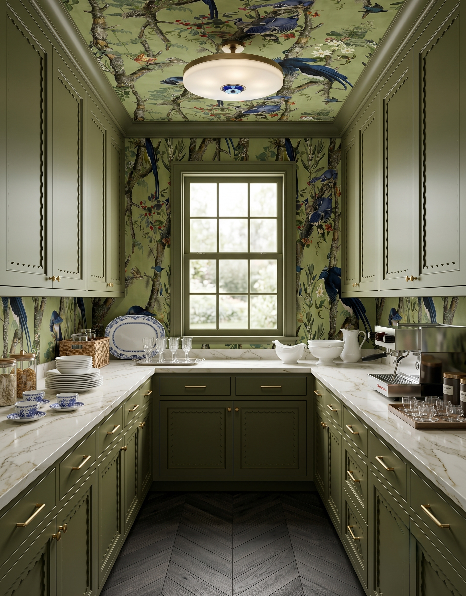 Olive-green pantry with bird-and-branch wallpaper, blue-and-white dishes, pale veined counters and a dark wood floor.