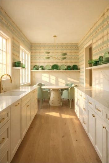 A sunny cream and jade kitchen composed of several coordinated project elements.