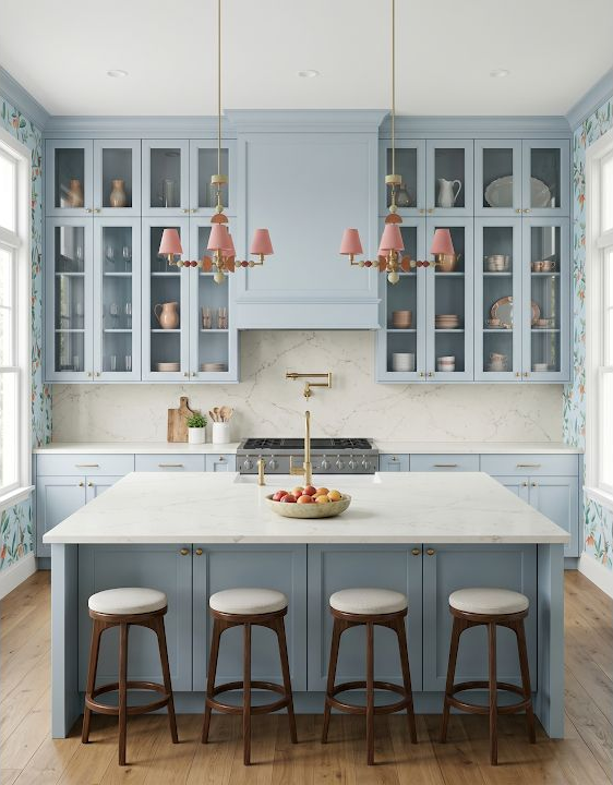 Concept image of a pale blue kitchen with glass-front cabinets, a white island, and small pink pendant lights.
