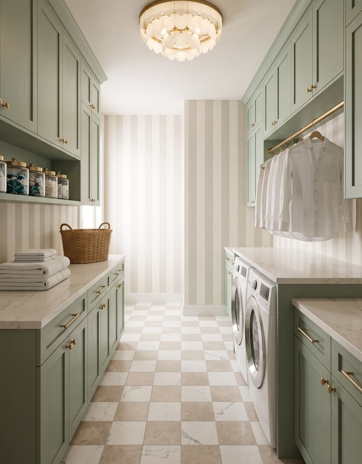 Sage laundry cabinetry with a long folding counter, open shelves, and a checked floor.