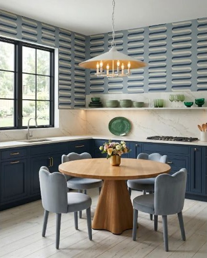 A blue kitchen design scene with drawings and samples ready for a practical planning conversation.