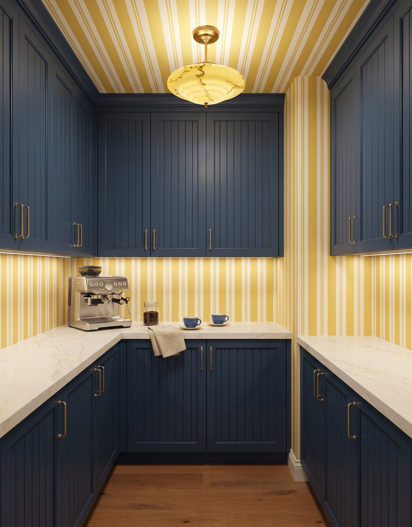 AI-created concept: Denim-blue beadboard cabinets balance mustard-striped walls and a marbled yellow light.