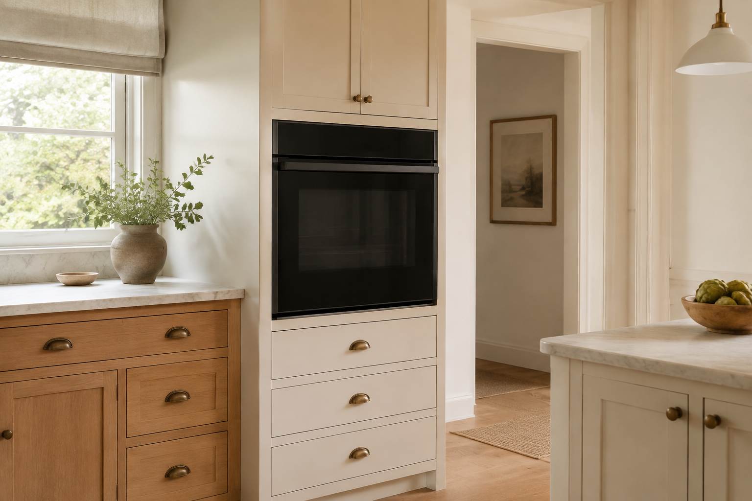 Single wall oven at a practical working height with closed storage below.