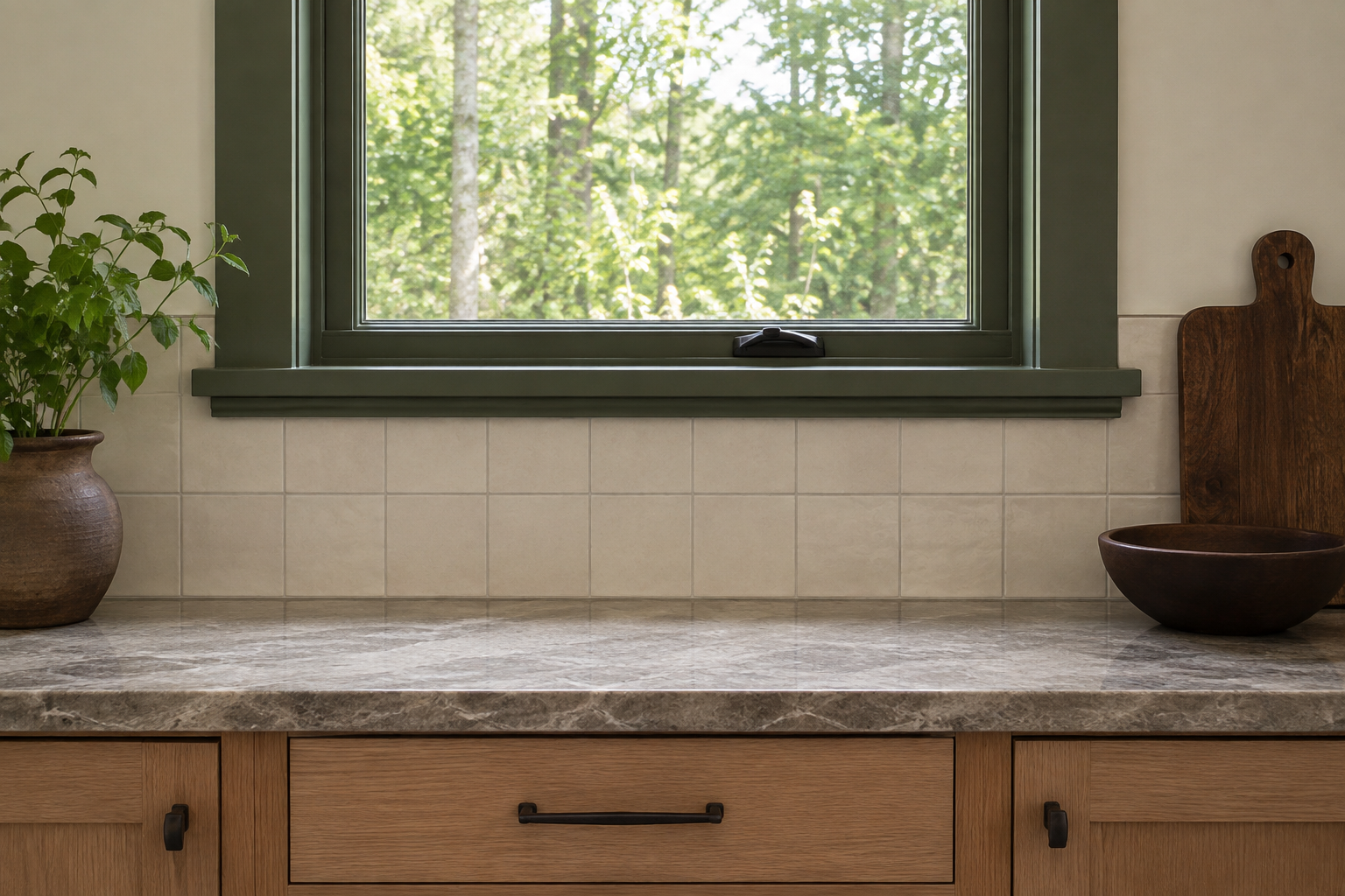 Close view of a plausible pale-stone countertop, short backsplash, and white window sill meeting cleanly above muted-blue cabinets.
