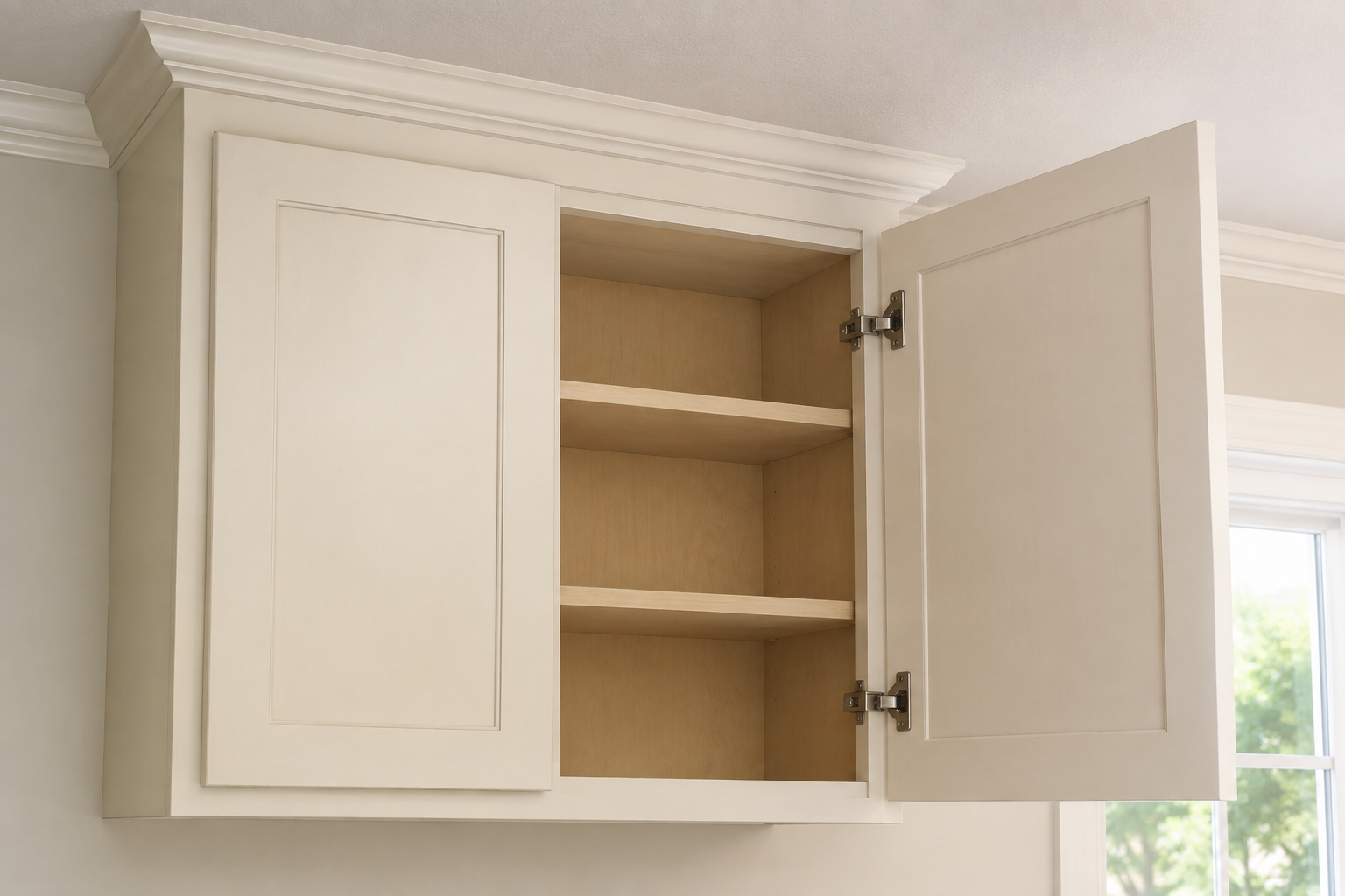 Solid upper cabinet door open on two hinges with clear space below the crown molding.