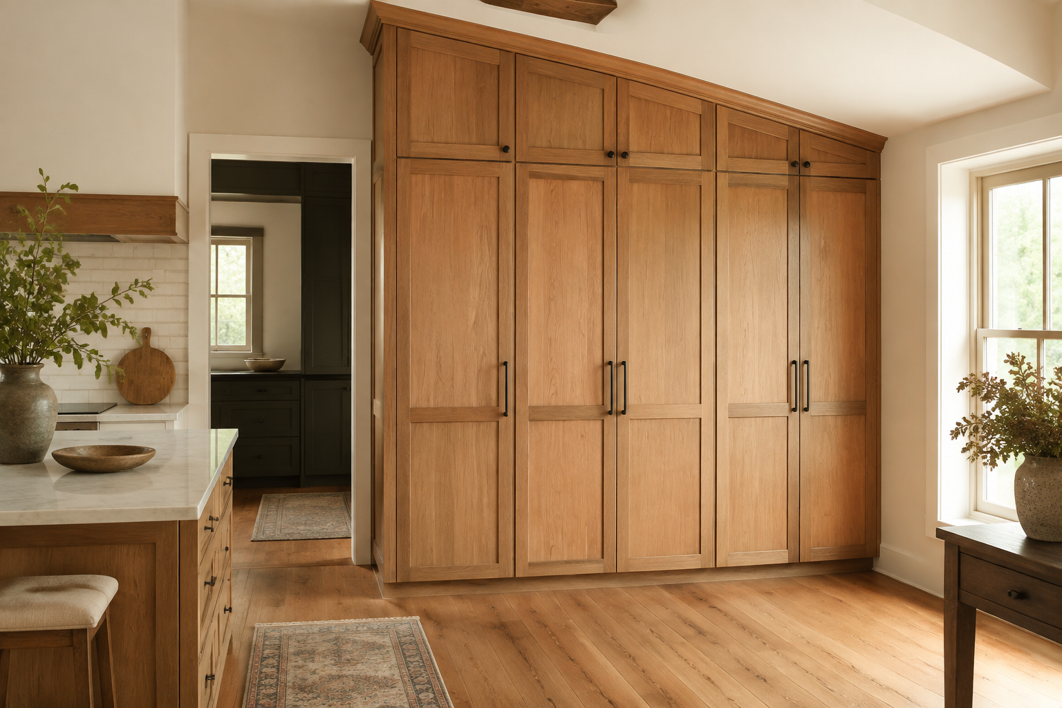 Full-height pantry cabinets meeting a slightly uneven ceiling with a deliberate trim transition.