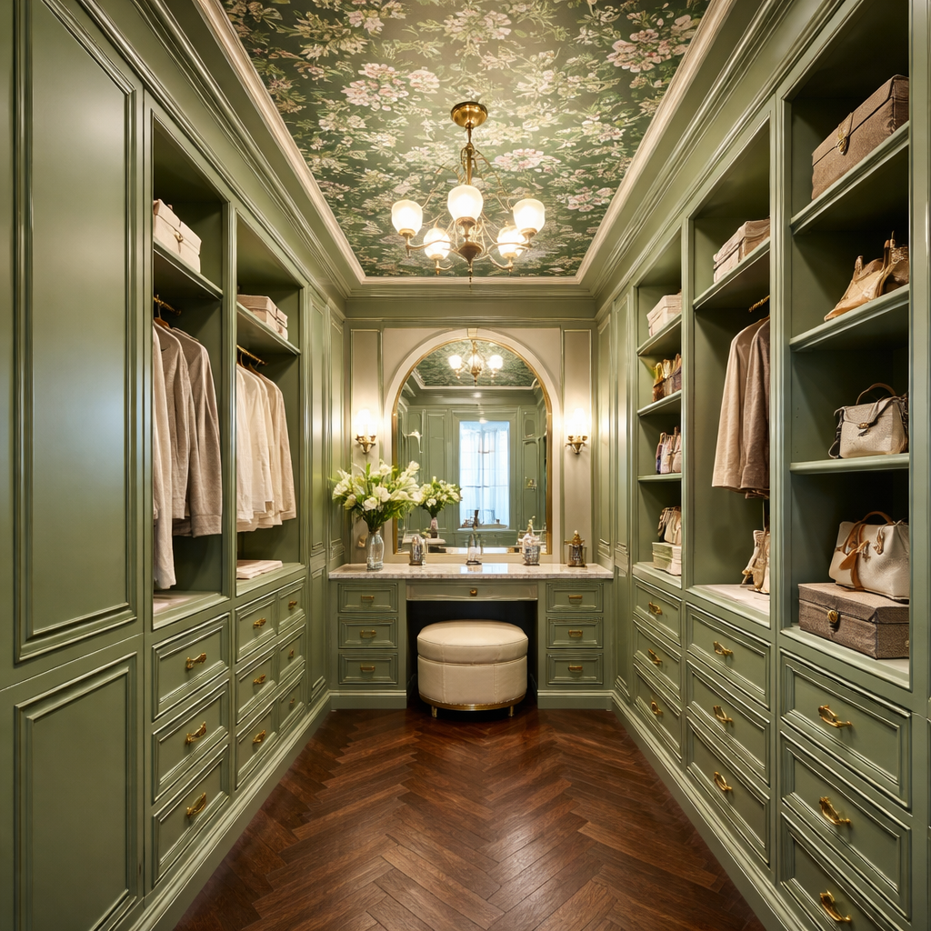 A sage-green walk-in closet with ceiling wallpaper, layered room lighting, open hanging bays, many closed drawers, and a centered vanity.
