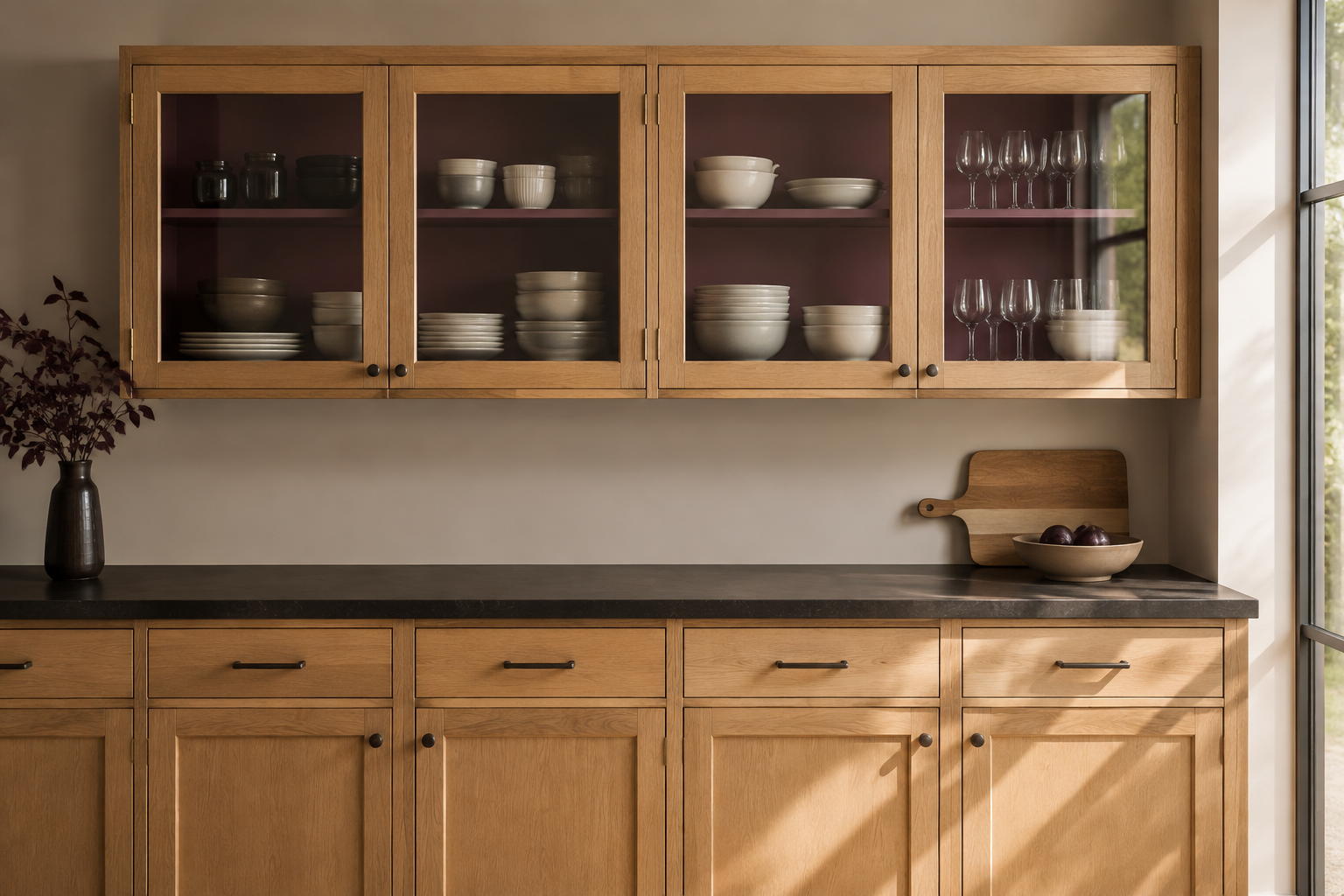 Four closed glass cabinet doors attached to a complete upper cabinet with a plum-painted interior and dishes on shelves behind the glass.