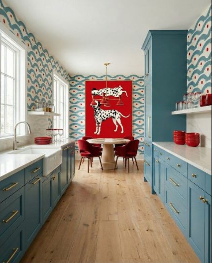 A richly styled kitchen using a soft repeated wall pattern as the main visual feature.
