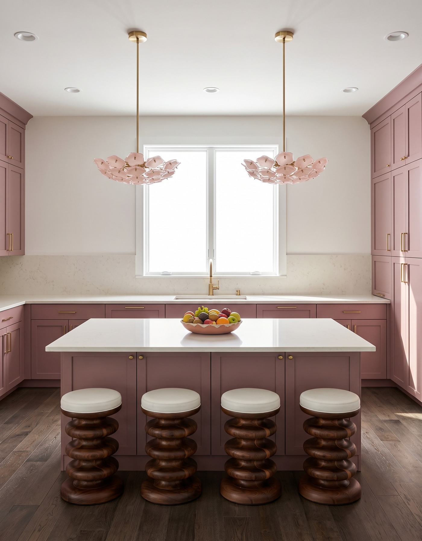 AI-created concept: Smoky gray-brown flooring beneath mauve cabinets, a pale island and pink flower-shaped pendants.