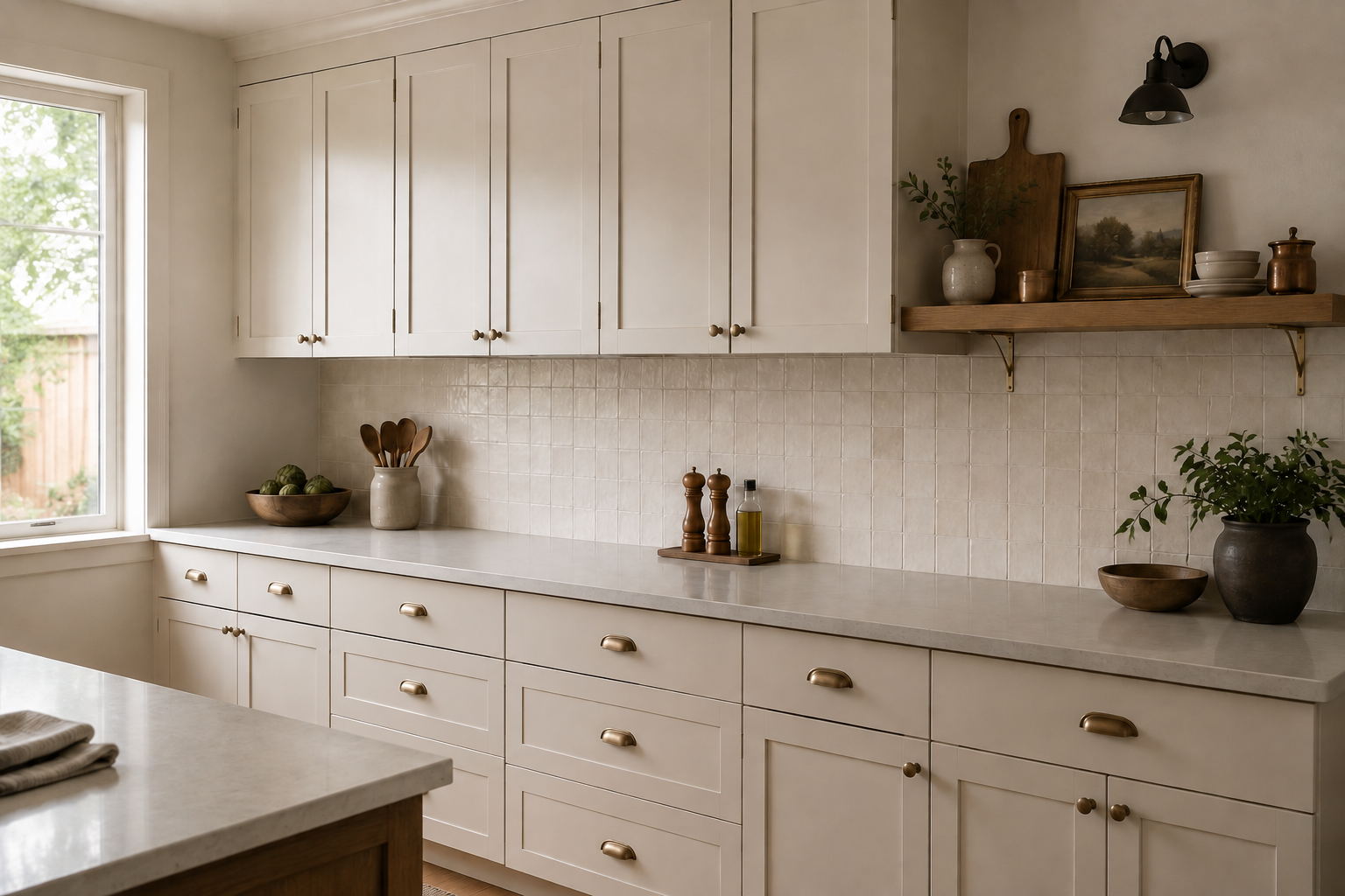 Warm-cream upper and base cabinets above an uninterrupted pale stone prep counter, with one short supported oak display shelf.