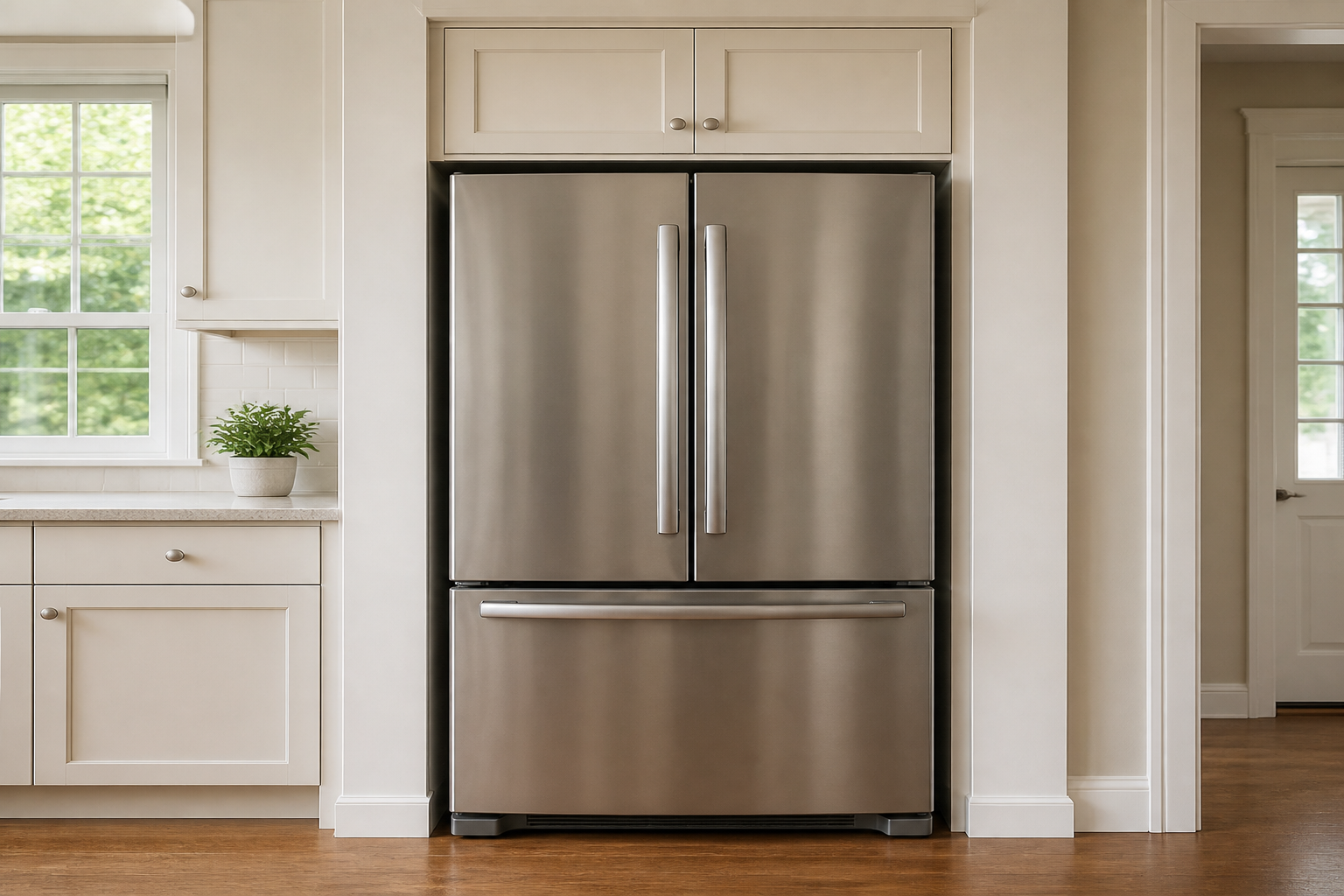 Built-in refrigerator centered between full-height side panels with a paired cabinet above and even service clearances.