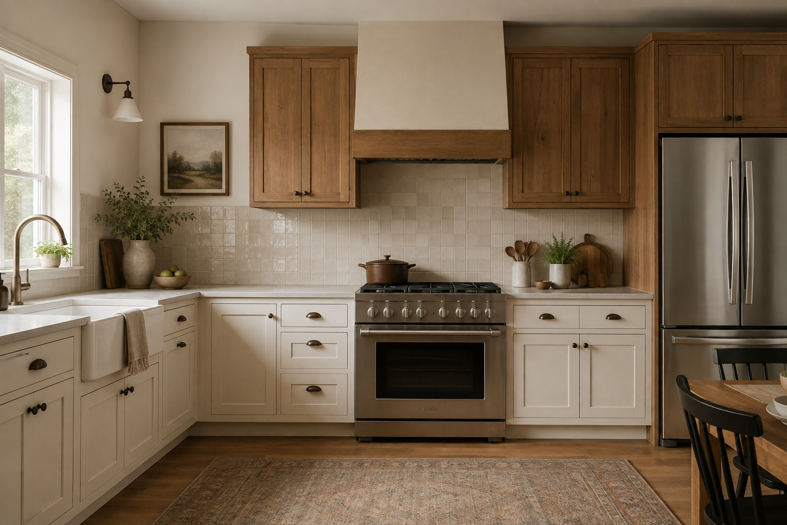 Balanced kitchen elevation mixing drawer stacks and door cabinets around working zones.
