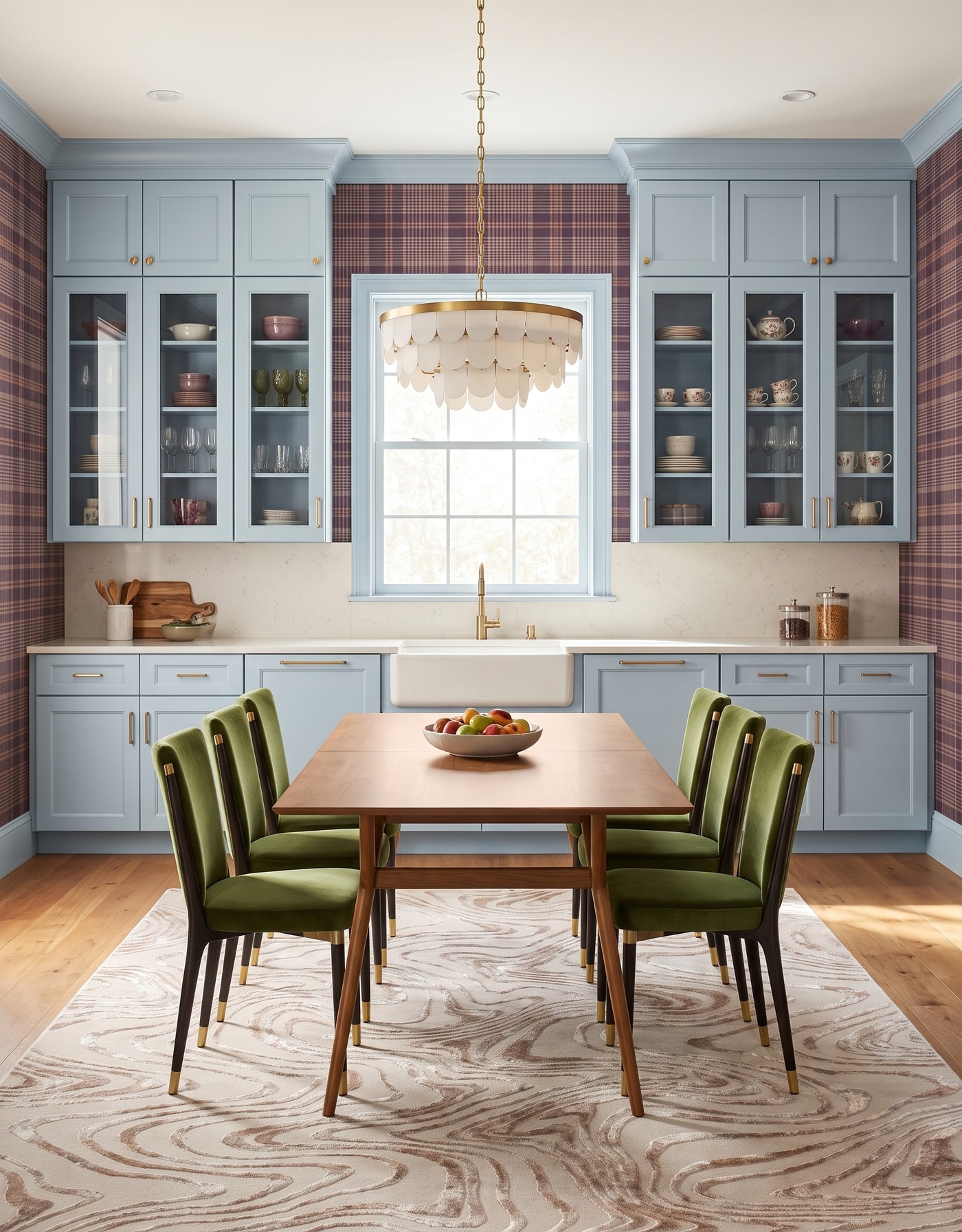 AI-created concept: Pale smoky-blue kitchen cabinets with plum plaid wallpaper, olive dining chairs, a warm-wood table and ivory pendant.