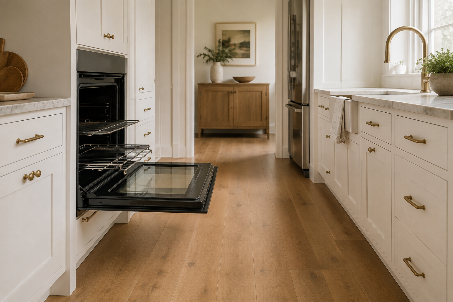 Open wall oven with racks extended slightly into a generous clear aisle.