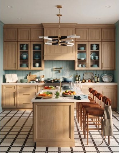 A soft light-blue kitchen arranged for preparation and informal gathering.