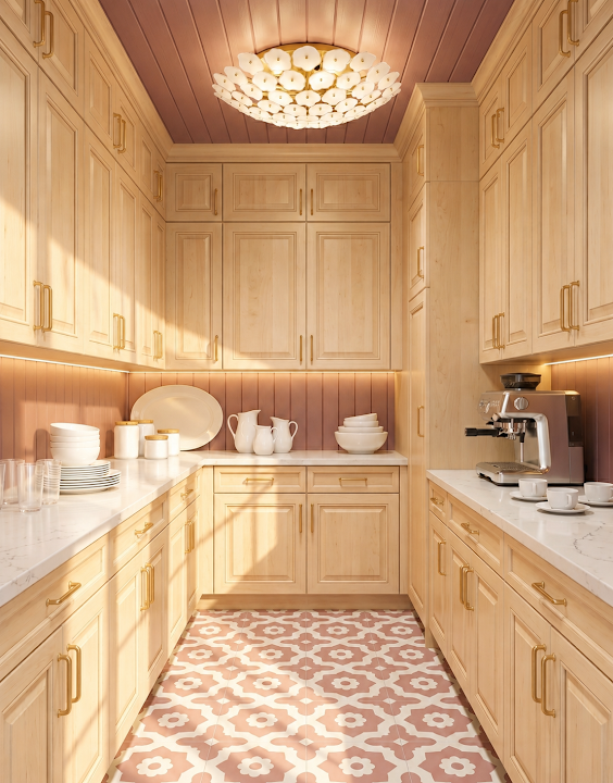 Concept image of a light wood pantry with lower drawers, pale counters, a pink patterned floor, and a wood ceiling.