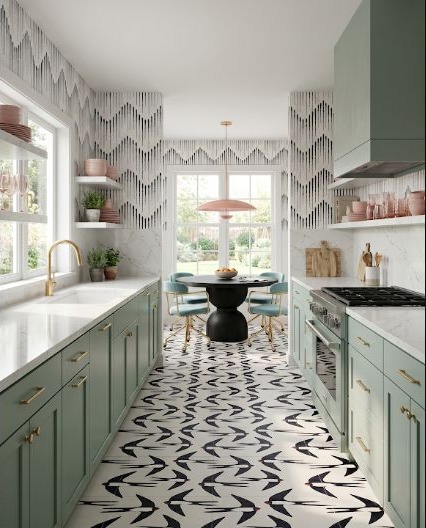 A kitchen with dark bird motifs repeated across the lower visual plane.