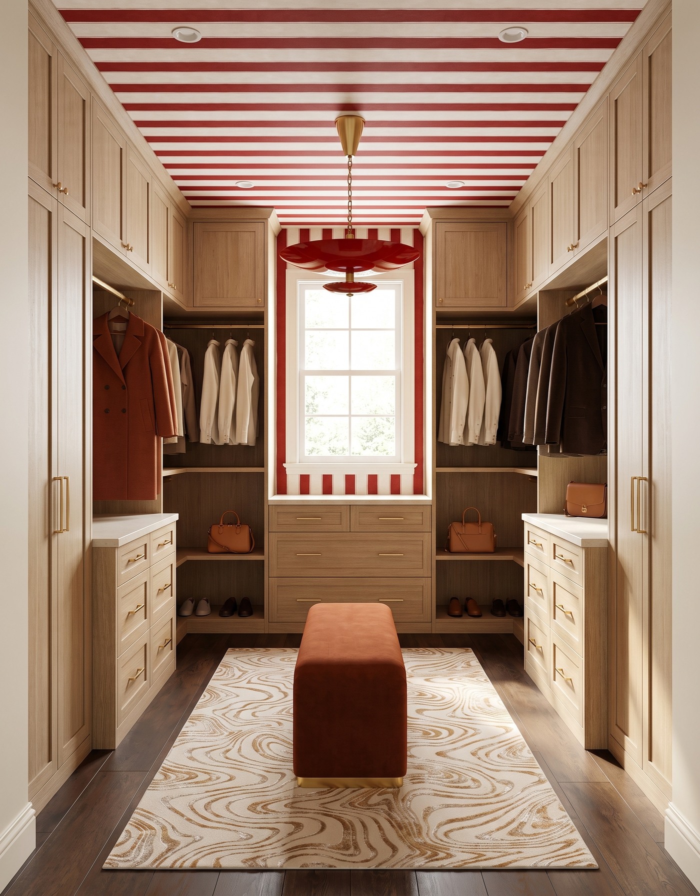 AI-created concept: Pale-oak-toned closet cabinets balance red stripes, a red pendant and a rust bench.