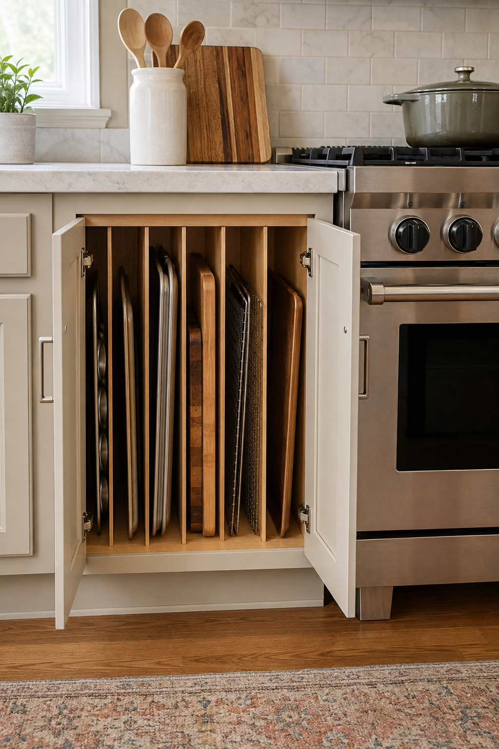 Concept image of an open base cabinet beside a range with vertical dividers holding baking sheets, cutting boards, and cooling racks.