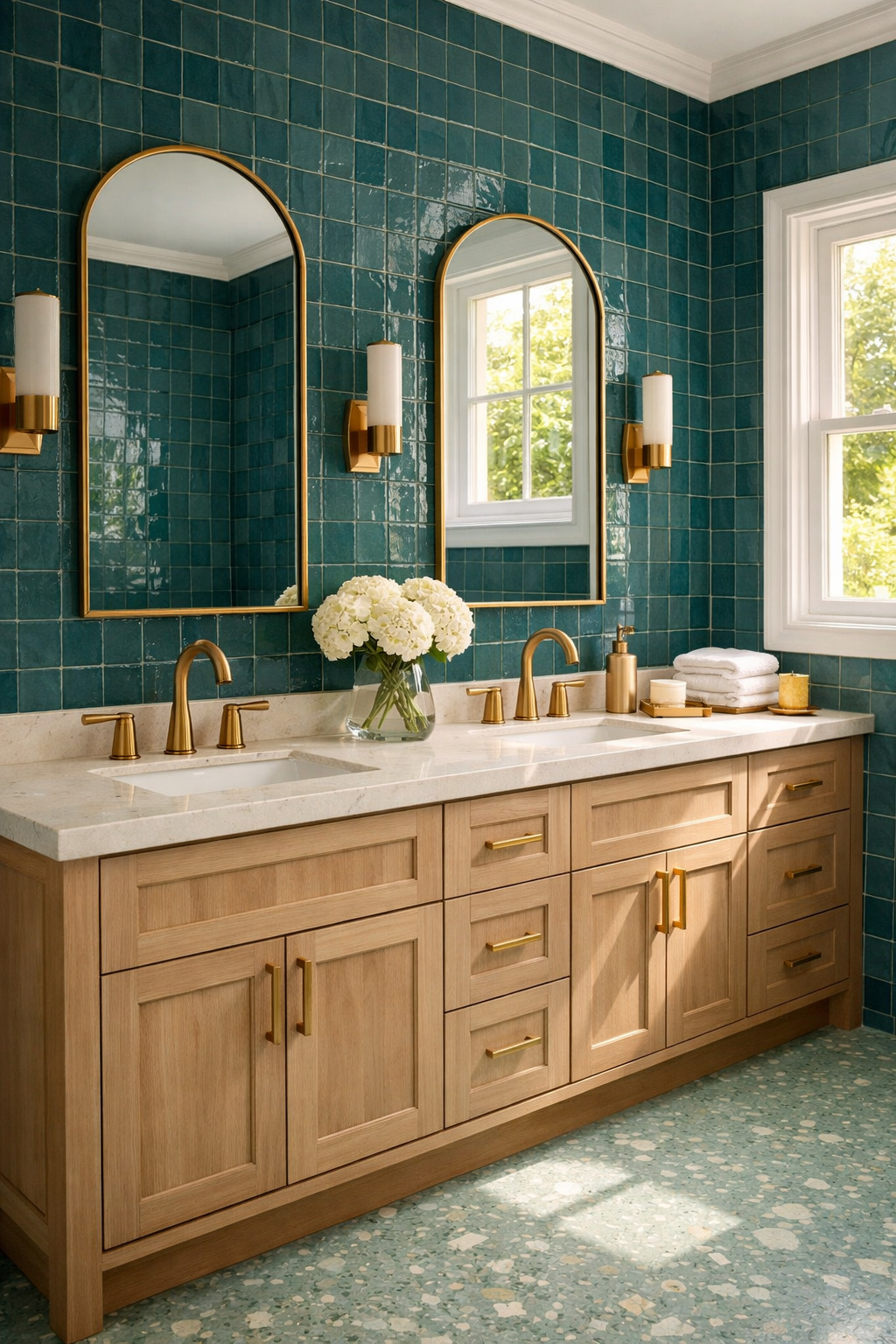 Warm wood double vanity against deep teal square wall tile, with arched gold mirrors, cylinder sconces and a pale blue-green terrazzo-look floor.