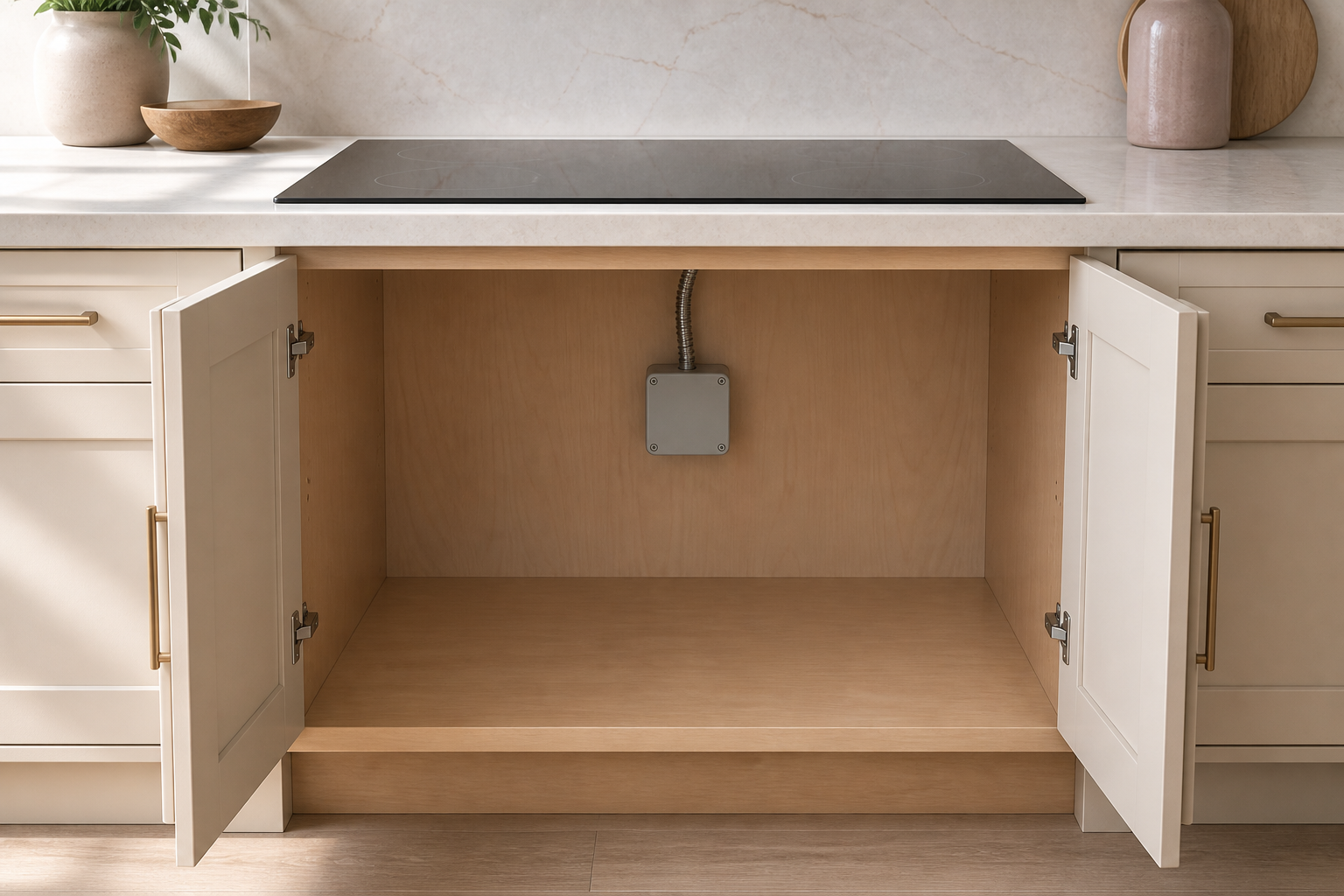 Cooktop zone with clear service route and support envelope around the appliance opening.