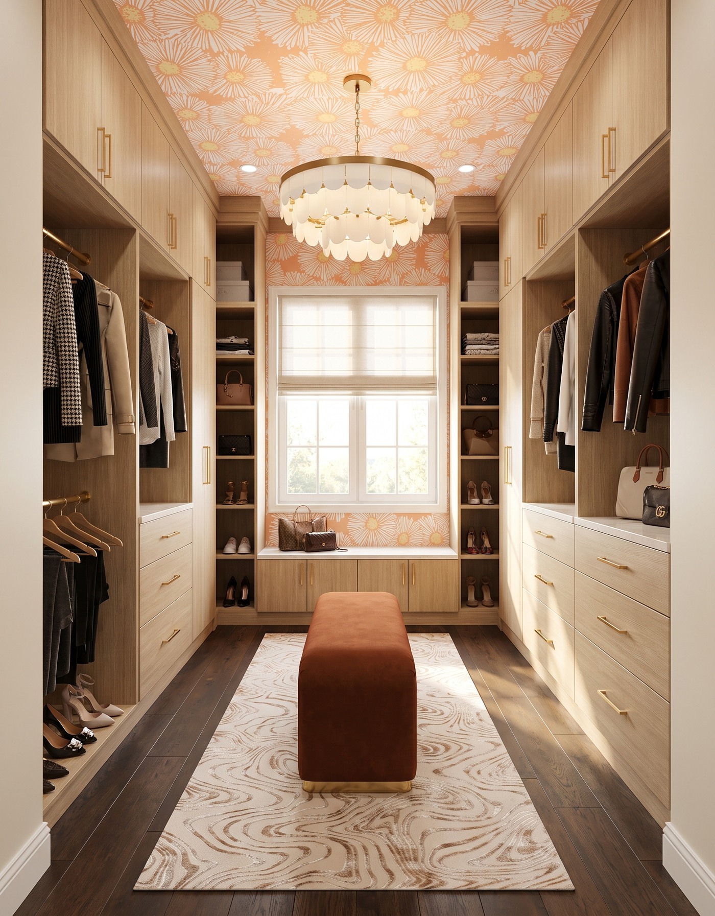AI-created concept: Natural-oak closet cabinets with peach daisy wallpaper overhead, a rust bench, pale rug and dark wood floor.