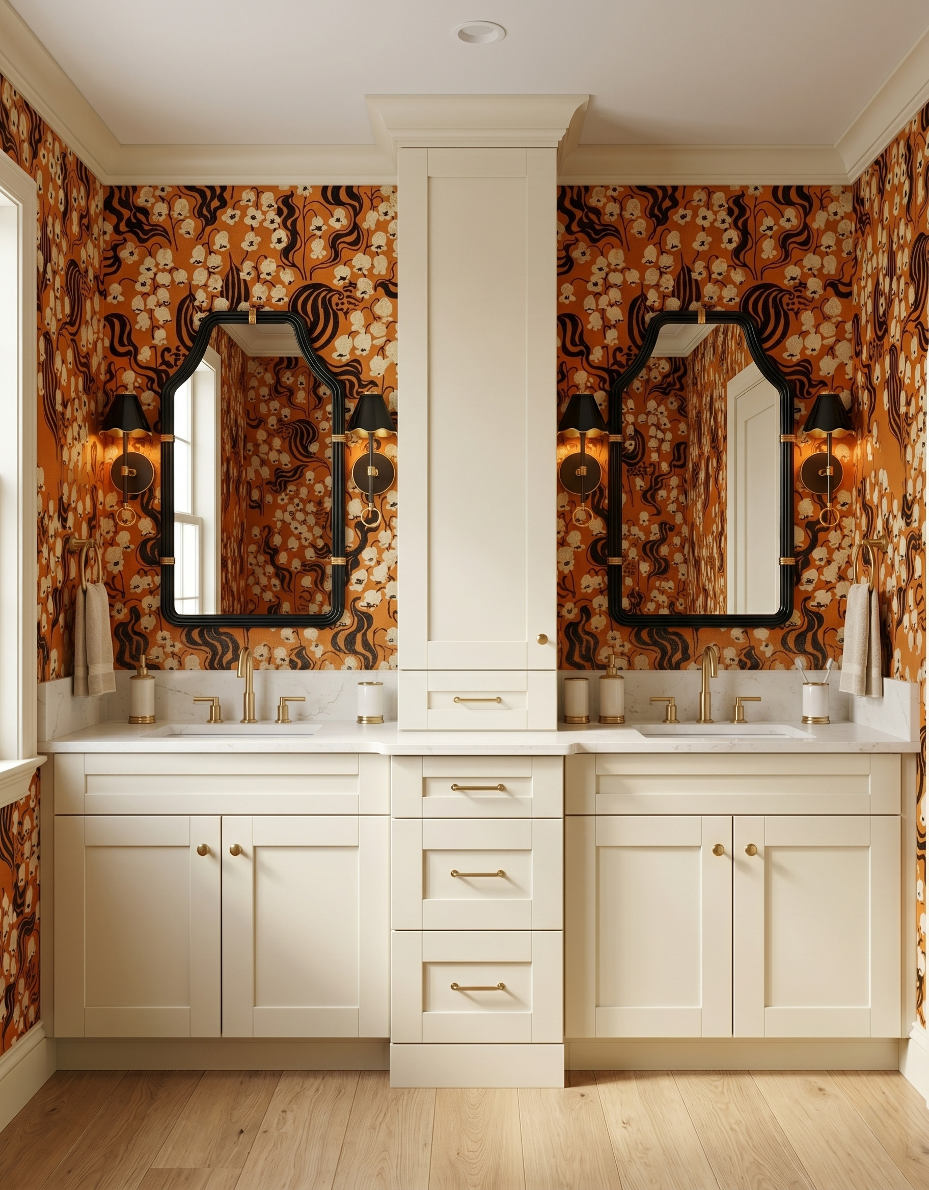 Cream double vanity with a tall central cabinet, orange-and-black floral wallpaper, shaped dark mirrors and a pale wood-look floor.
