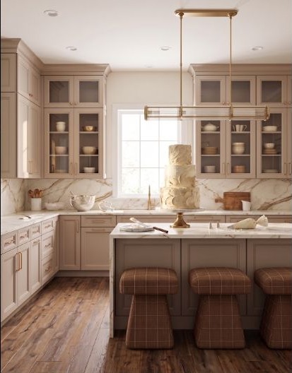 Concept image of a warm cream kitchen with an island, seating, and layered cabinetry.