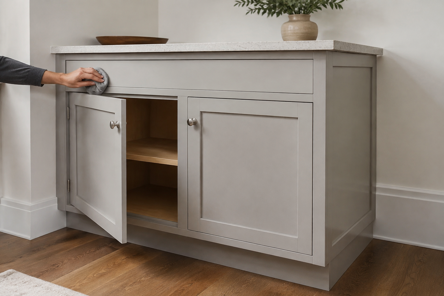 One adult wipes the face-frame ledge of a complete warm-gray inset cabinet while its attached opaque door remains partly open.