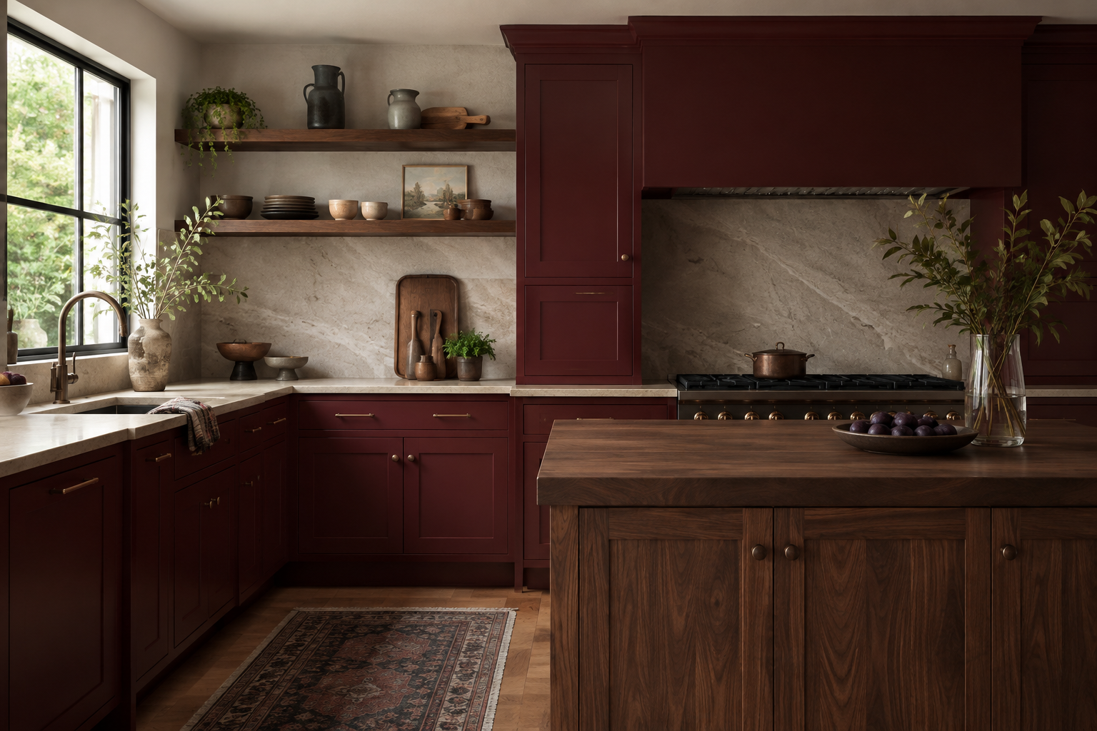 Wine-red cabinetry with a broad walnut island and matching open shelves.