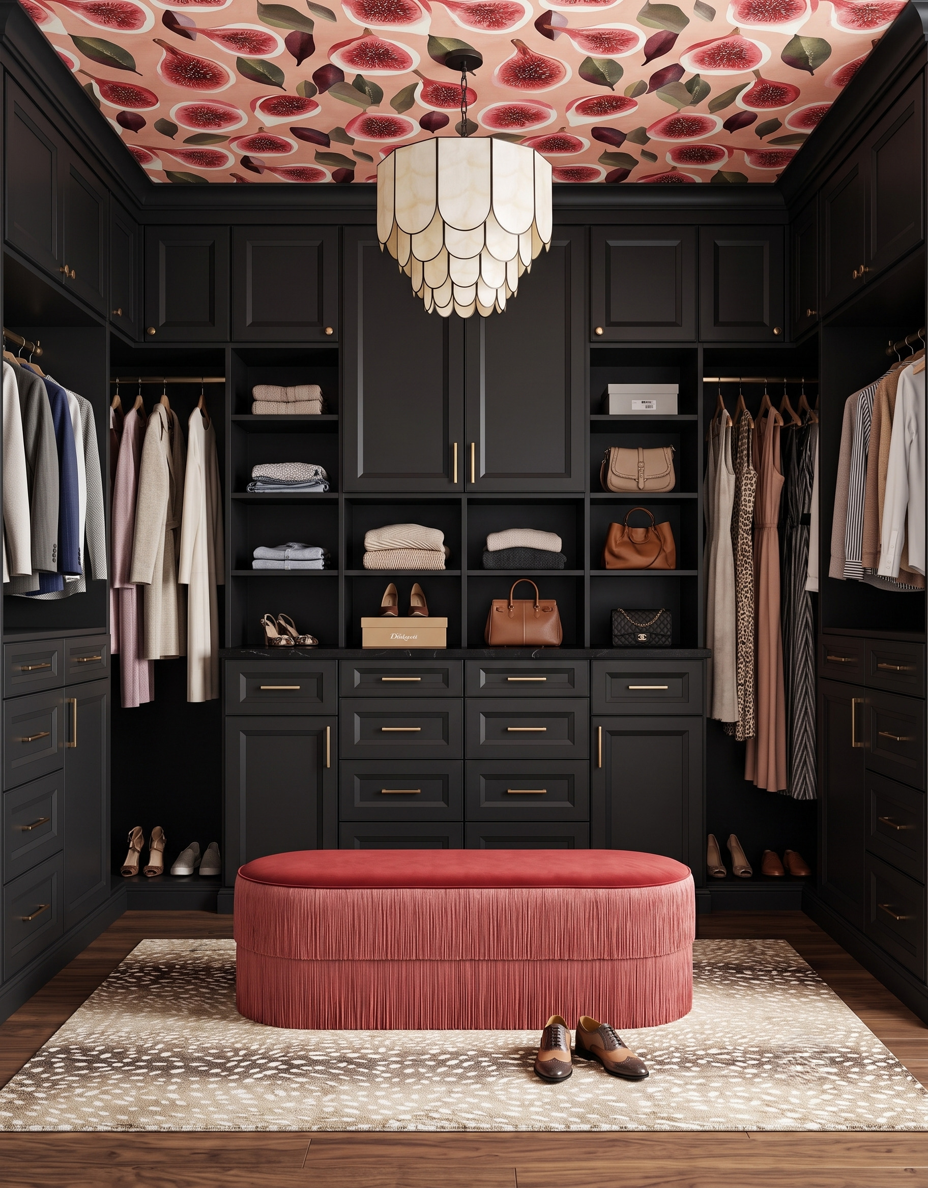 Tiered pendant with pale scallop-shaped panels above black closet cabinetry and a dusty rose fringed bench, beneath fig-patterned wallpaper.