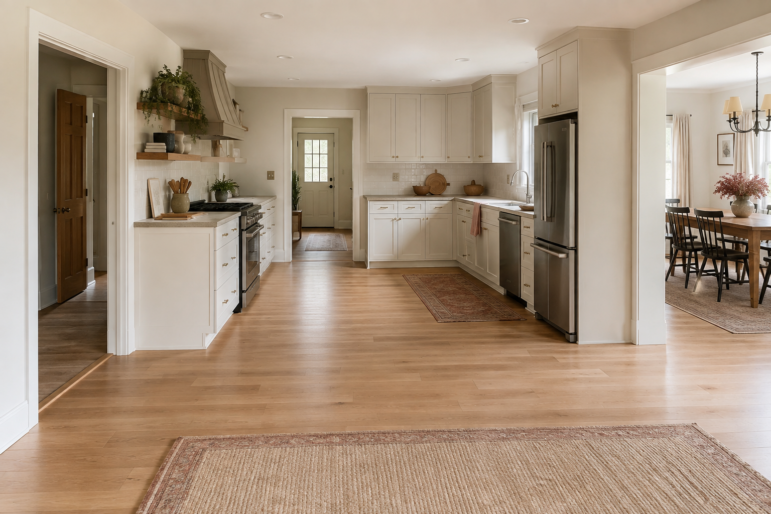 Open kitchen shell with several entrances, a dining opening, and a clear central floor area for studying traffic paths.