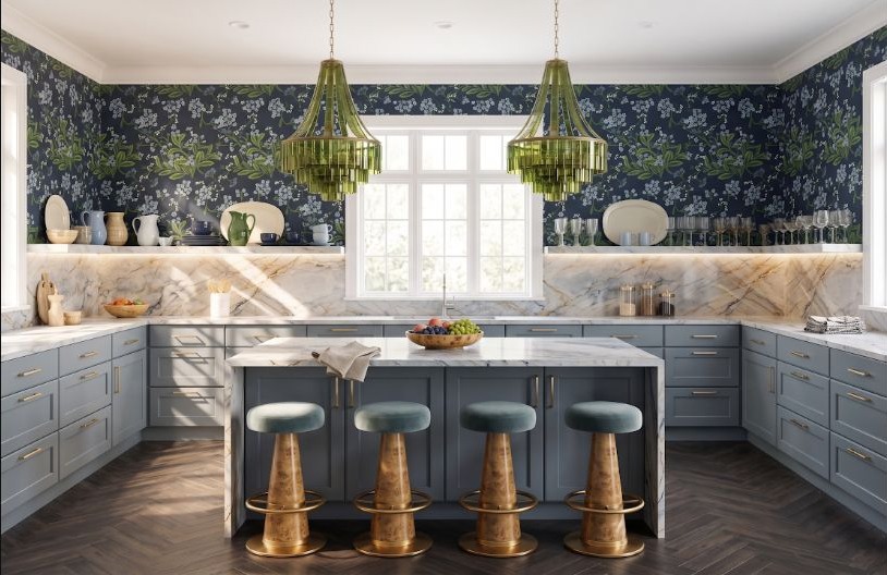 Blue-gray kitchen cabinets with dark floral walls, white counters, and green pendant lights.