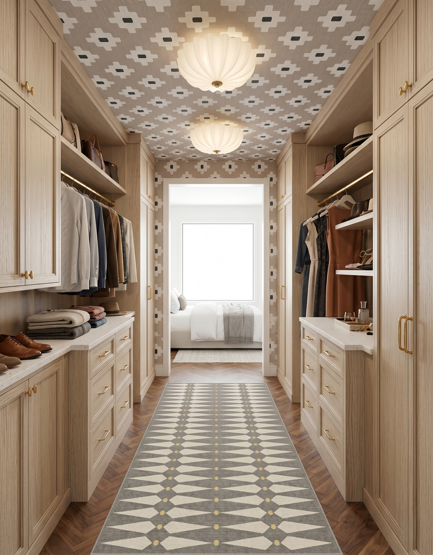 Cream-and-gray geometric runner with small ochre accents between pale wood closet cabinets, with patterned wallpaper and two flush ceiling lights.