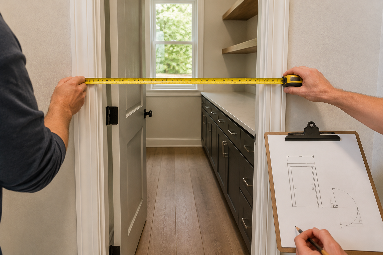 Two adults measure a butler's-pantry doorway straight across the jamb while a clipboard records the door swing.