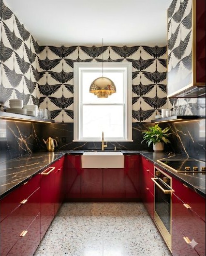 A dramatic black-and-red kitchen with warm wood and graphic details.