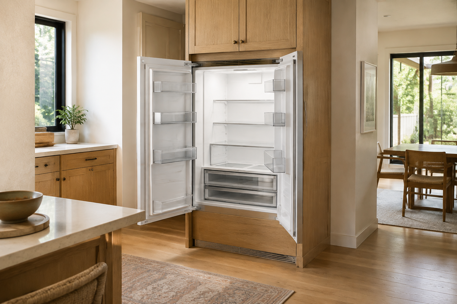 Freestanding unbranded refrigerator within a coordinated cabinet enclosure, shown with doors open and side clearance visible.
