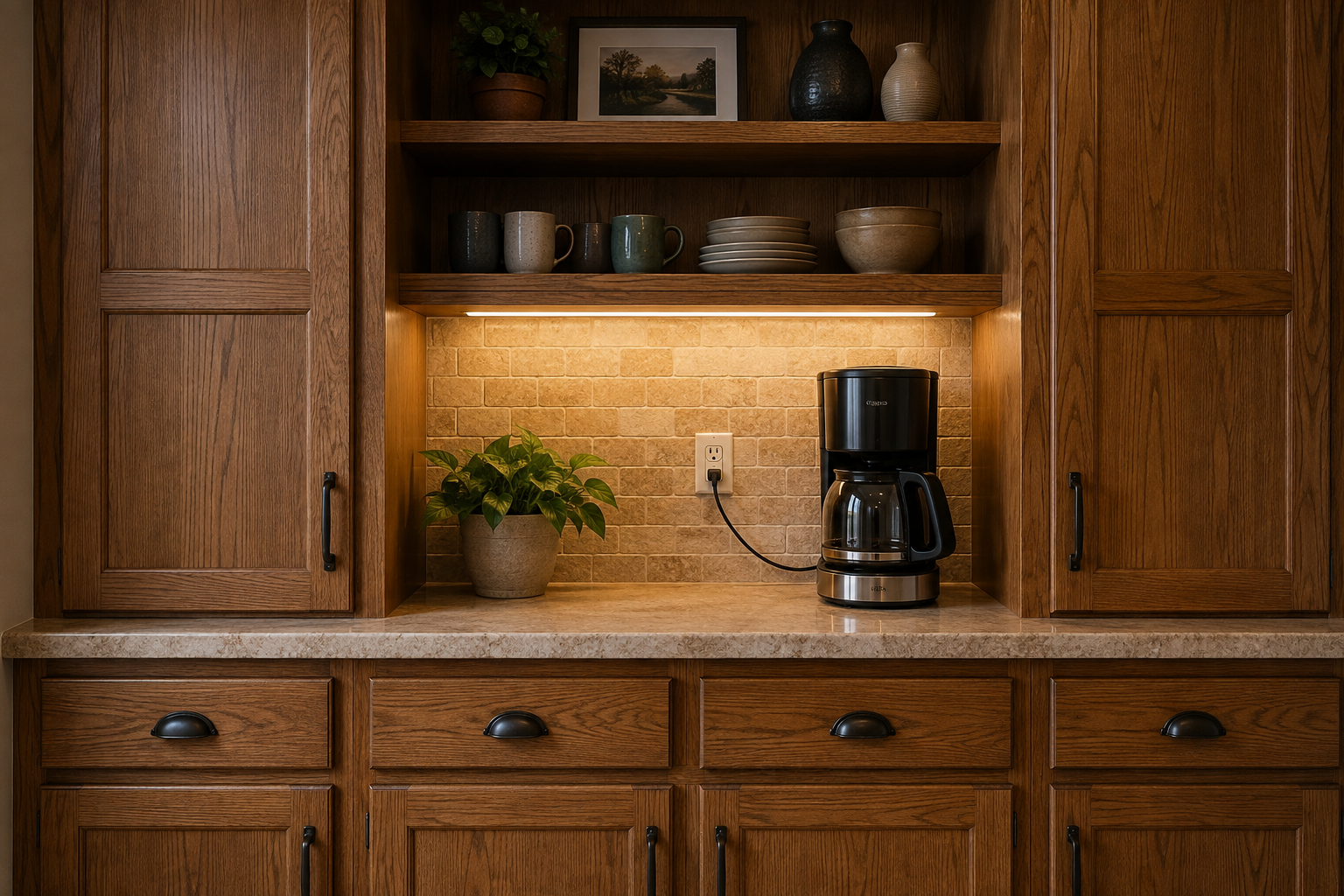 An oak hutch has a plugged-in coffee maker, accessible duplex outlet, clear space above the appliance, and warm under-shelf lighting.