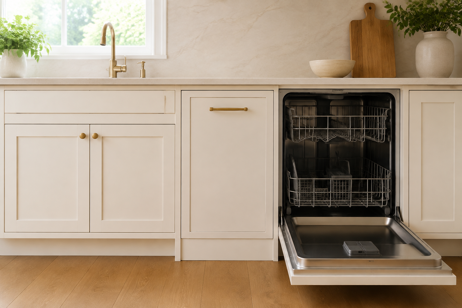 Closed waste pullout between a sink base and dishwasher, with the dishwasher open and the route to the sink remaining usable.